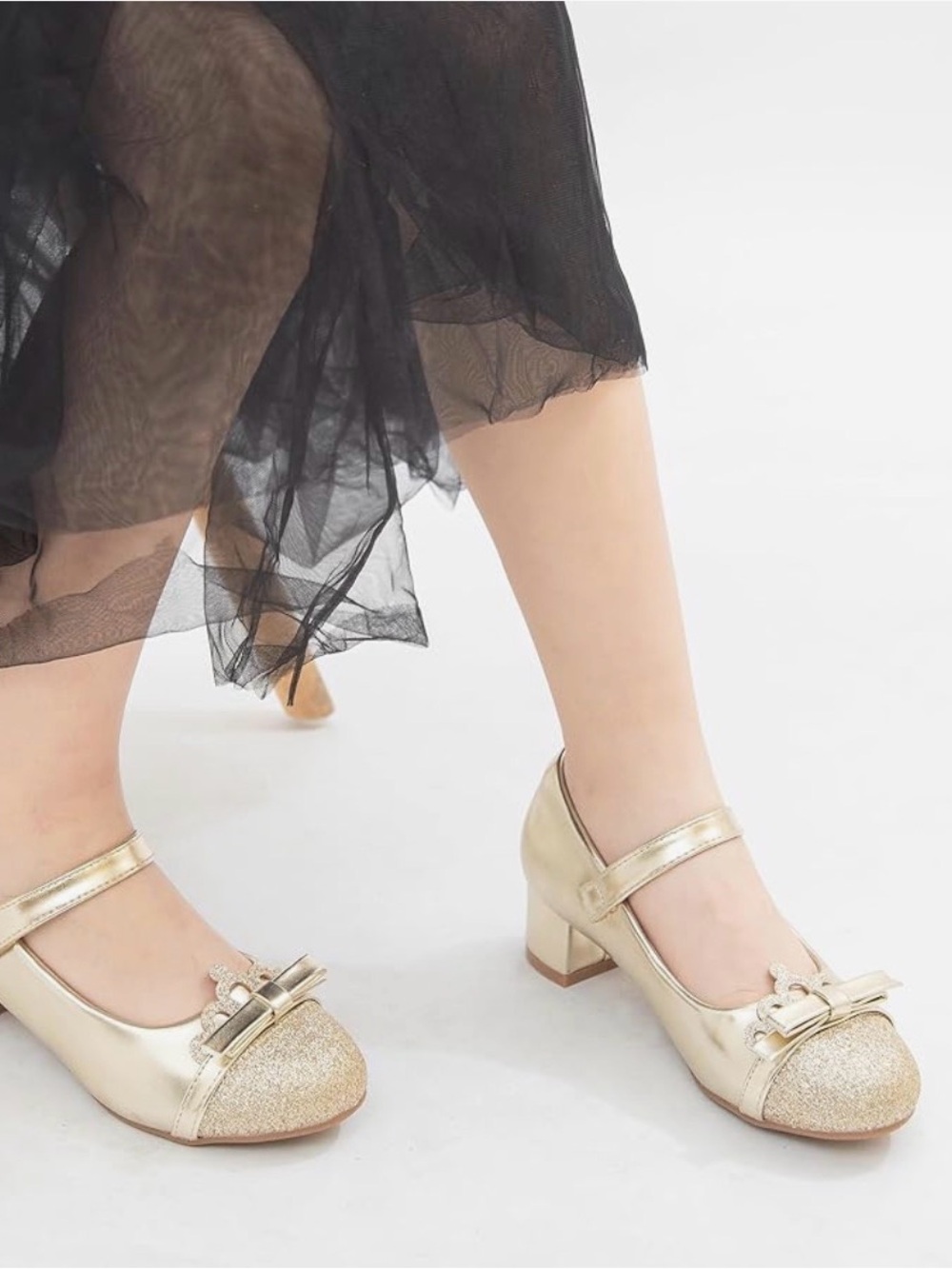 Gold Mary Jane Block Heel Pumps - kids Dress Shoes